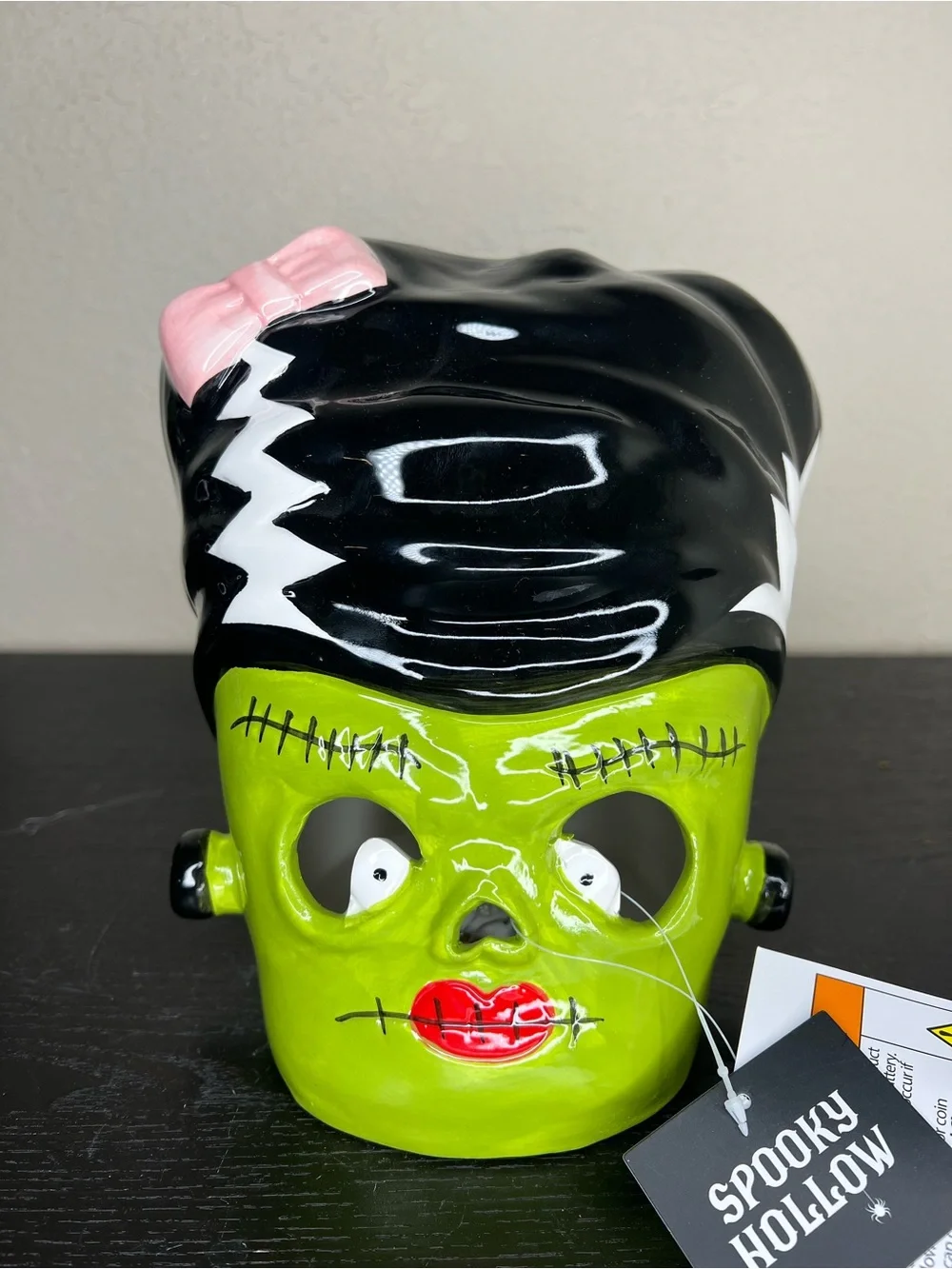 NEW 8” Spooky Hollow Ceramic Light Up Bride of Frankenstein Head Decor